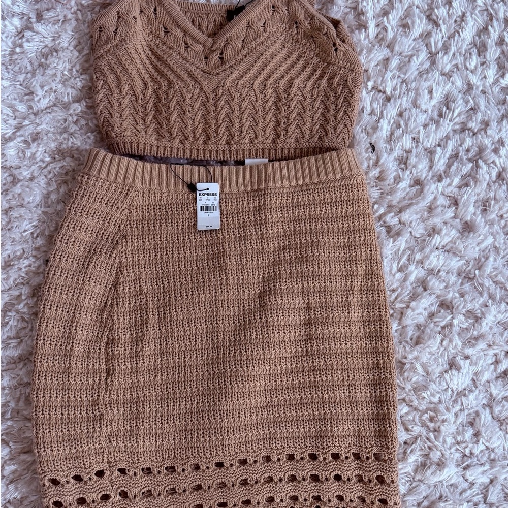 Express Crochet Hem Knit Pencil Skirt in Camel/Tan Set